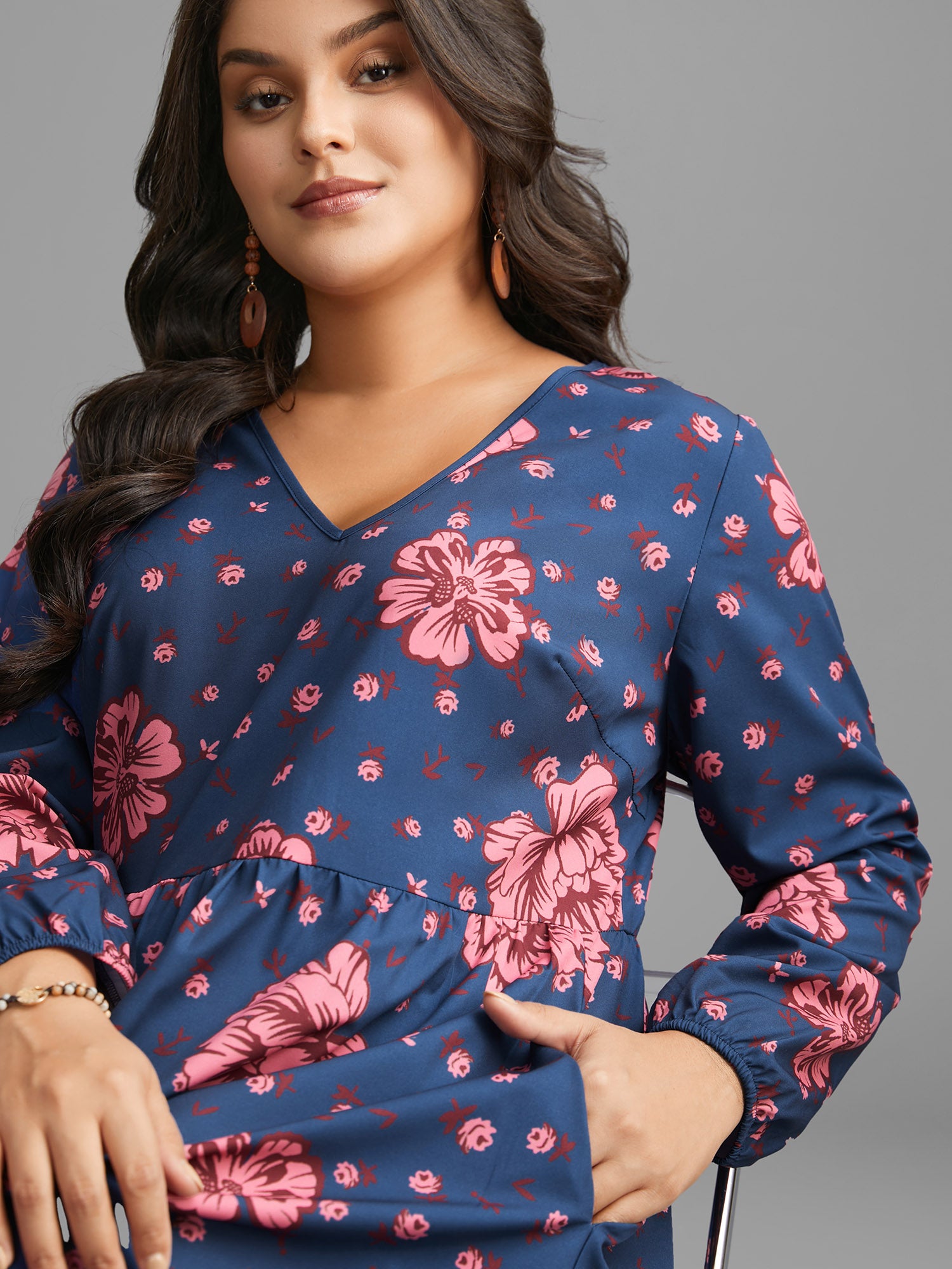 Boho Print V Neck Elastic Waist Dress