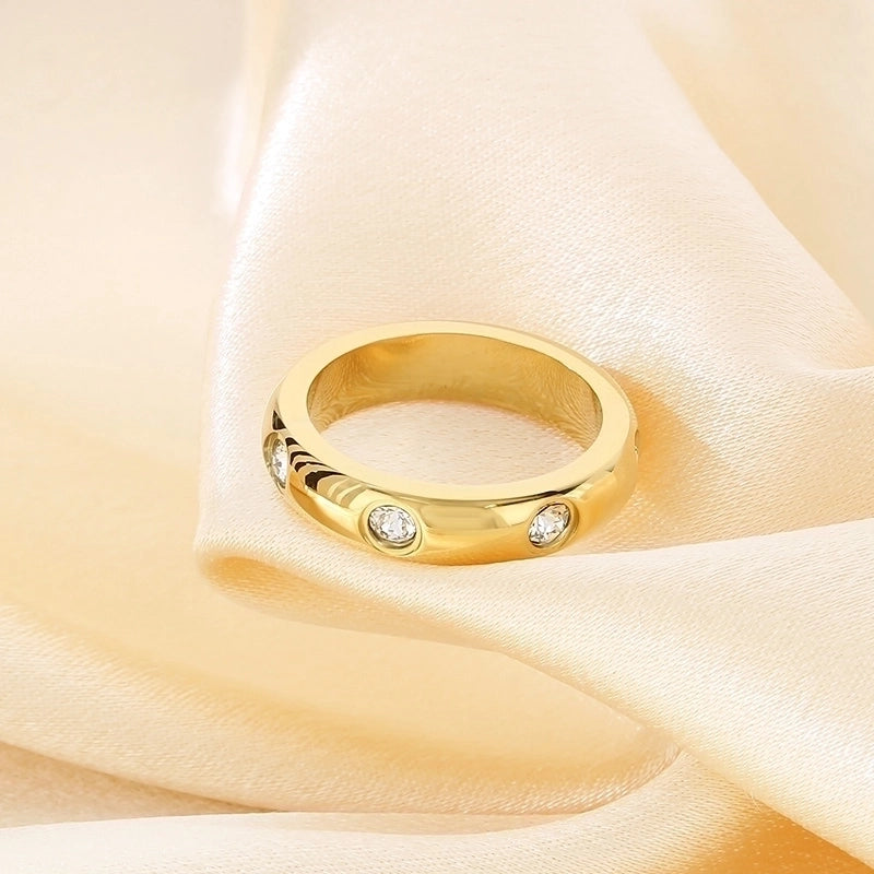 Minimalist Round 304 Stainless Steel Zircon 18K Gold Plated Inlay Rings