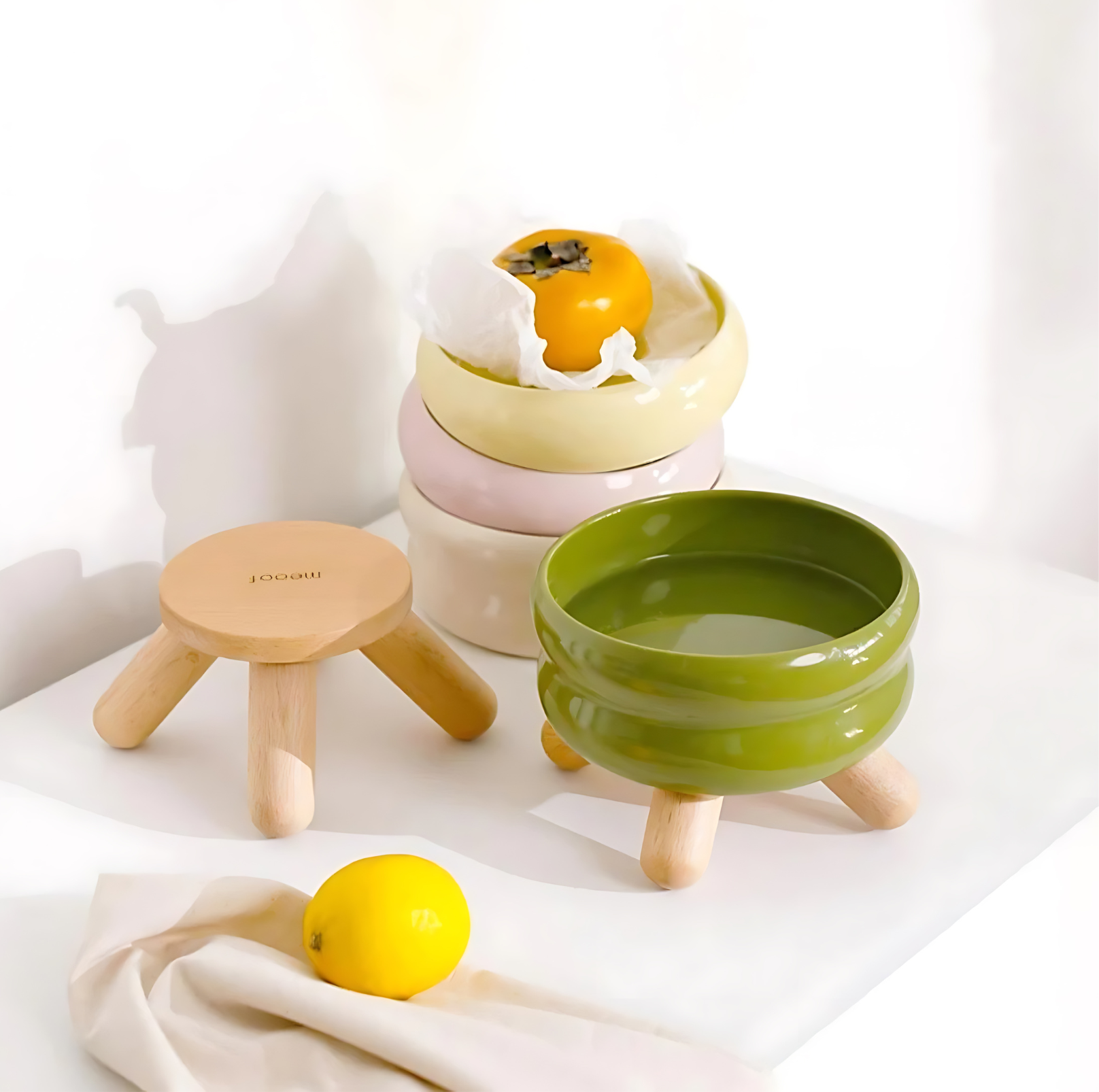 Gulu Ceramic Pet Food/Water Cat Bowls Small Dog Bowls with Wooden Stand