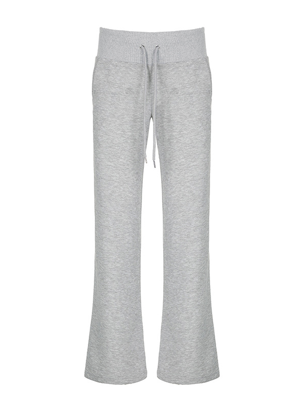Flared Pants Loose Drawstring Pockets Solid Color Pants Trousers