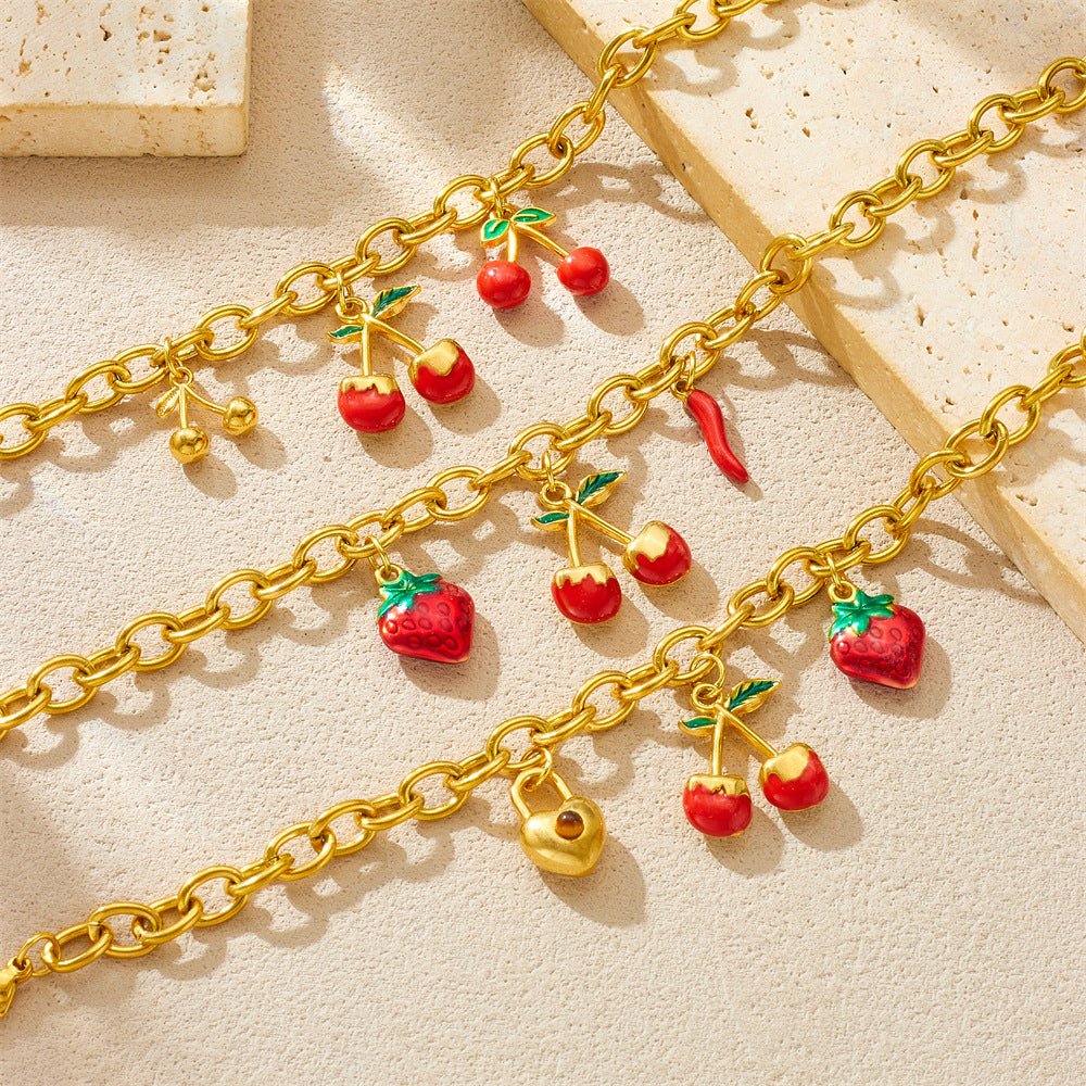 Sweet Forest Cherry Love Lock Pendant Female Ins All-Match Stainless Steel Gold-Plated Bracelet Summer Jewelry