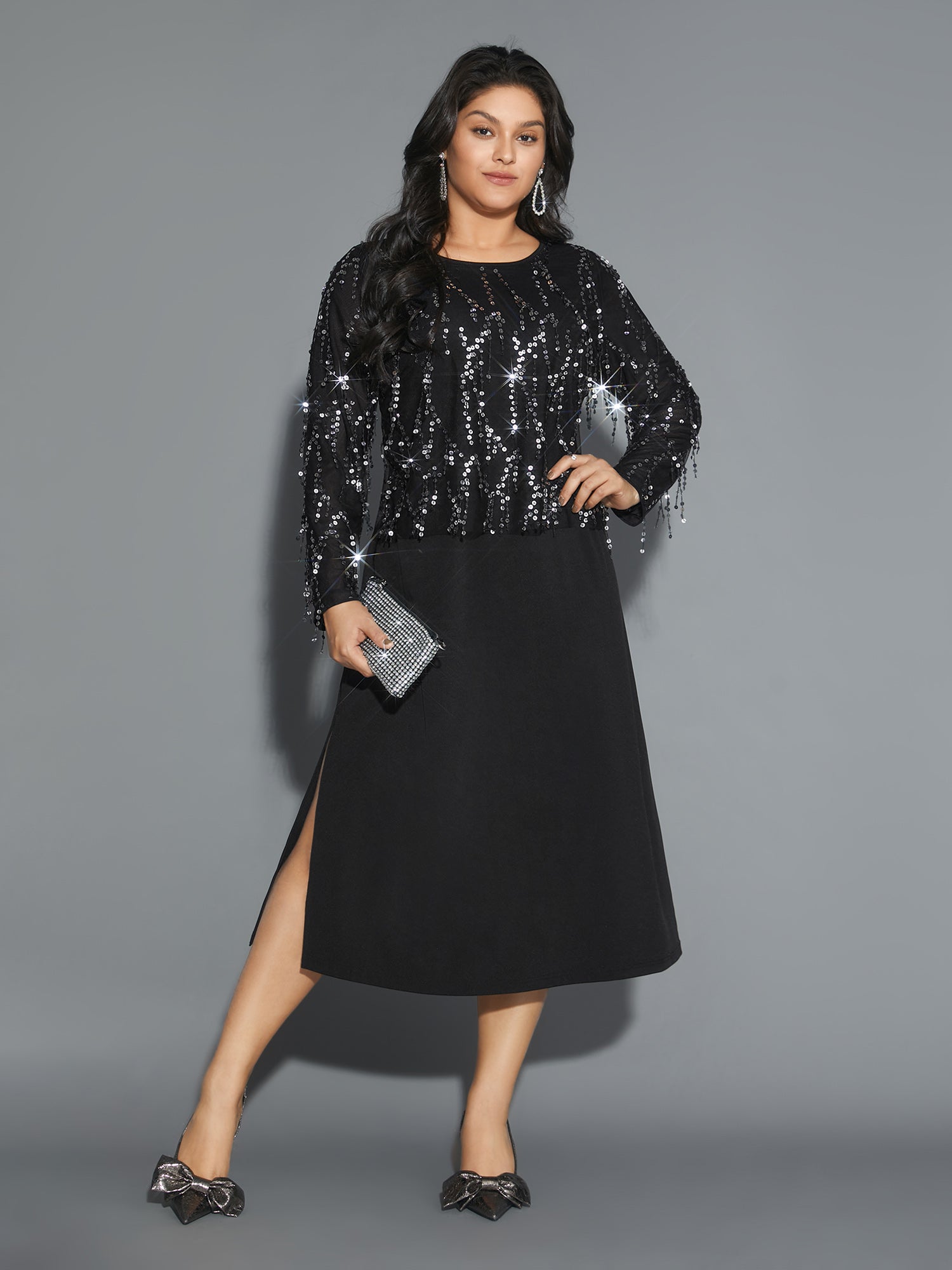 Sequin Patchwork Mesh Split Hem Dress