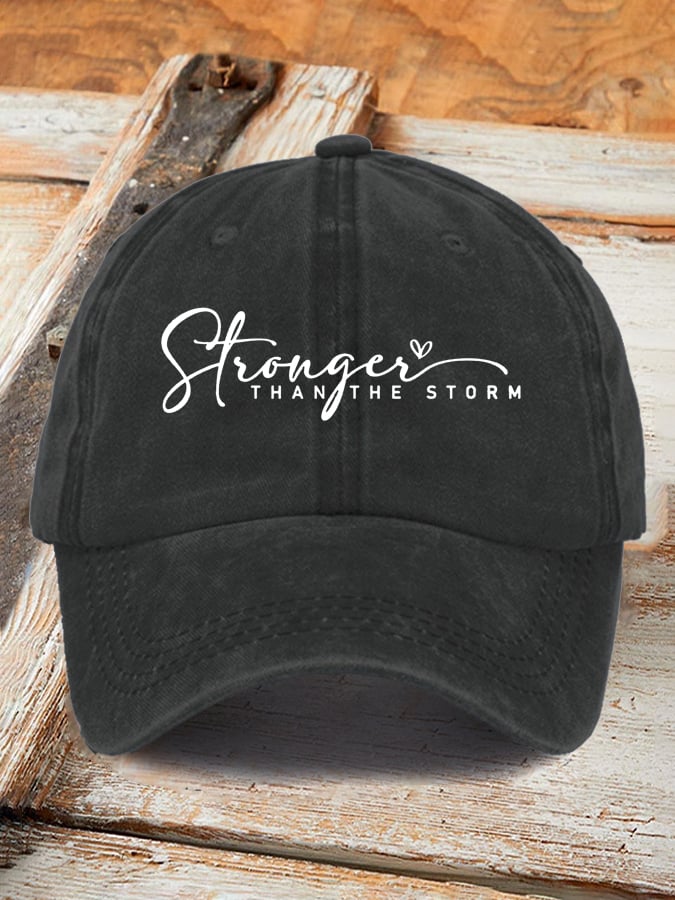 Unisex Distressed Washed Cotton 'stronger Than The Storm' Printed Hat