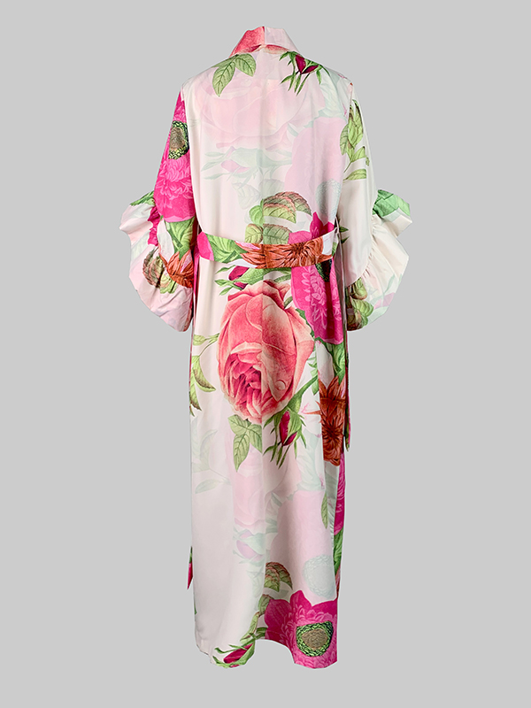 Flared Sleeves Long Sleeves Elasticity Flower Print Split-Joint Tied Waist Collarless Outerwear