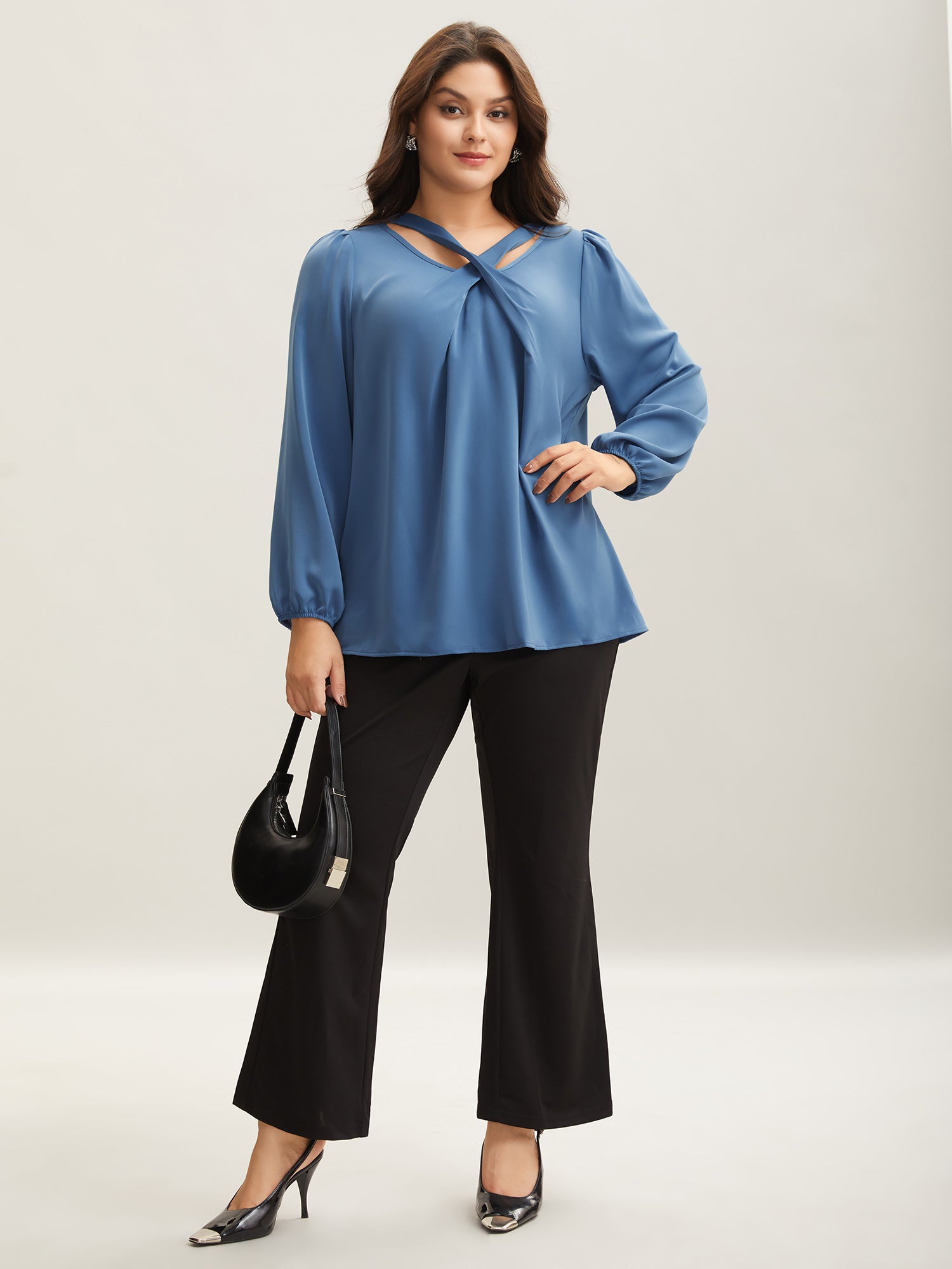 Criss Cross Neckline Puff Sleeve Gathered Blouse