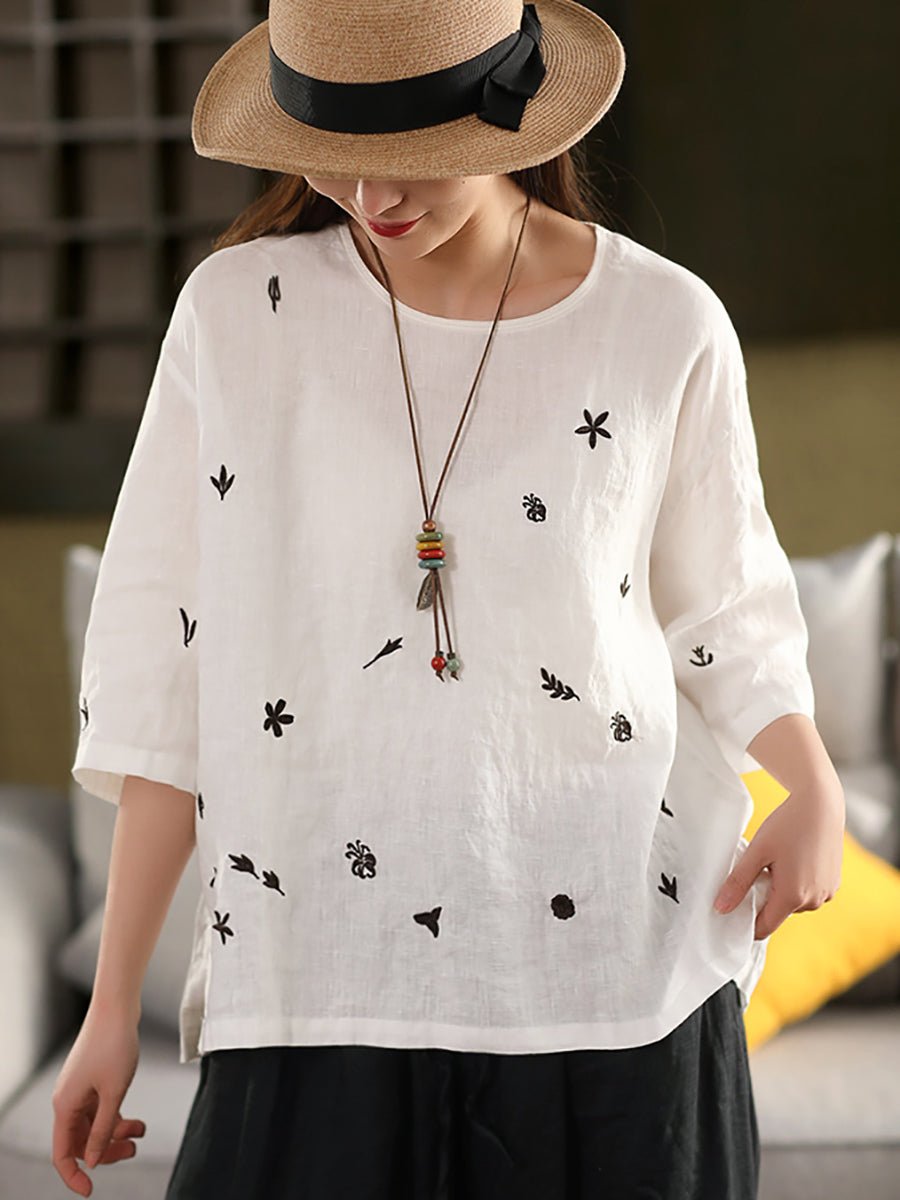 Women Spring O-Neck Flower Embroidery 100%Linen Shirt