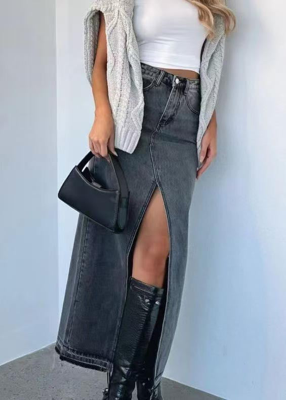 Women Grey High Waist Side Open Denim Skirts Summer