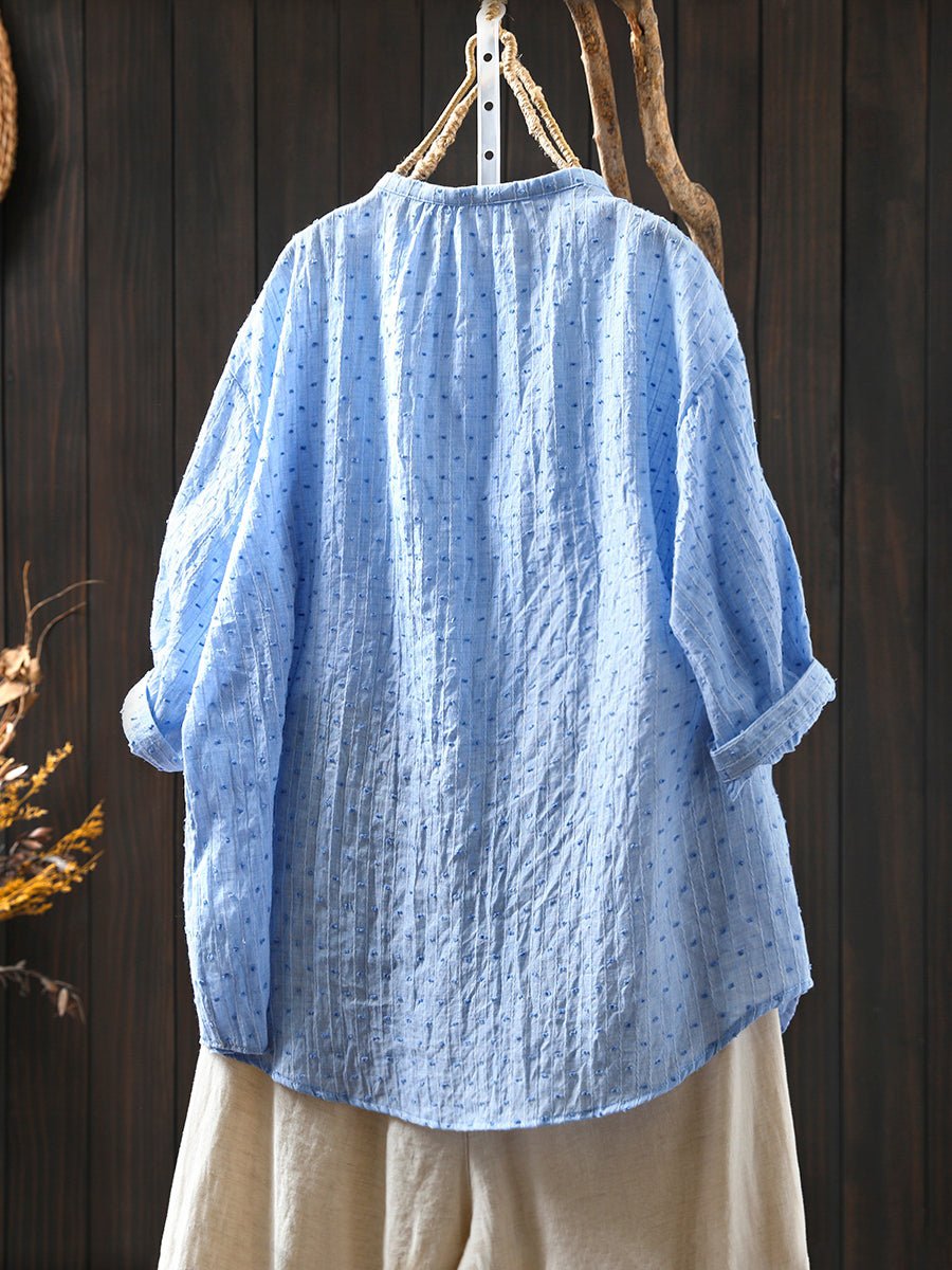 Women Summer Dot Jacquard Stand Collar 100%Cotton Shirt