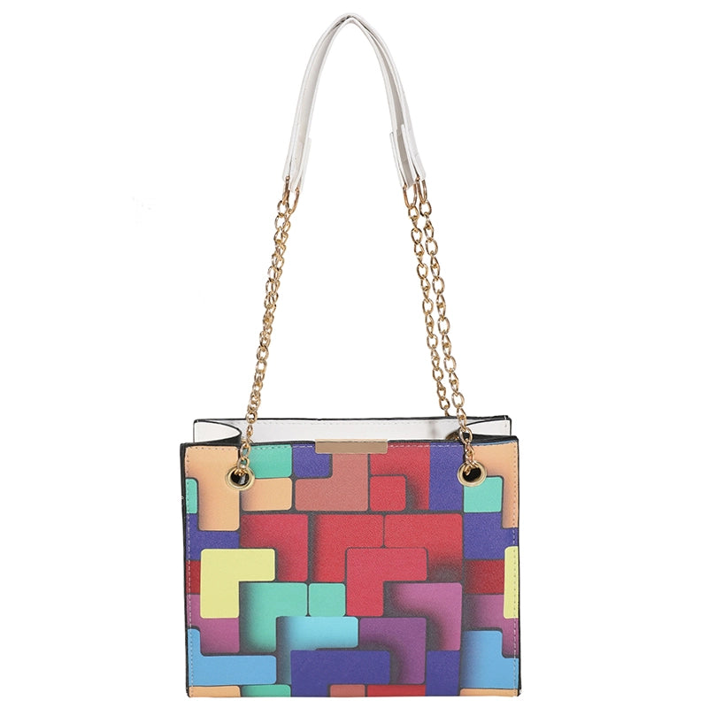 Women's Pu Leather Color Block Lattice Streetwear Square Zipper Shoulder Bag Crossbody Bag