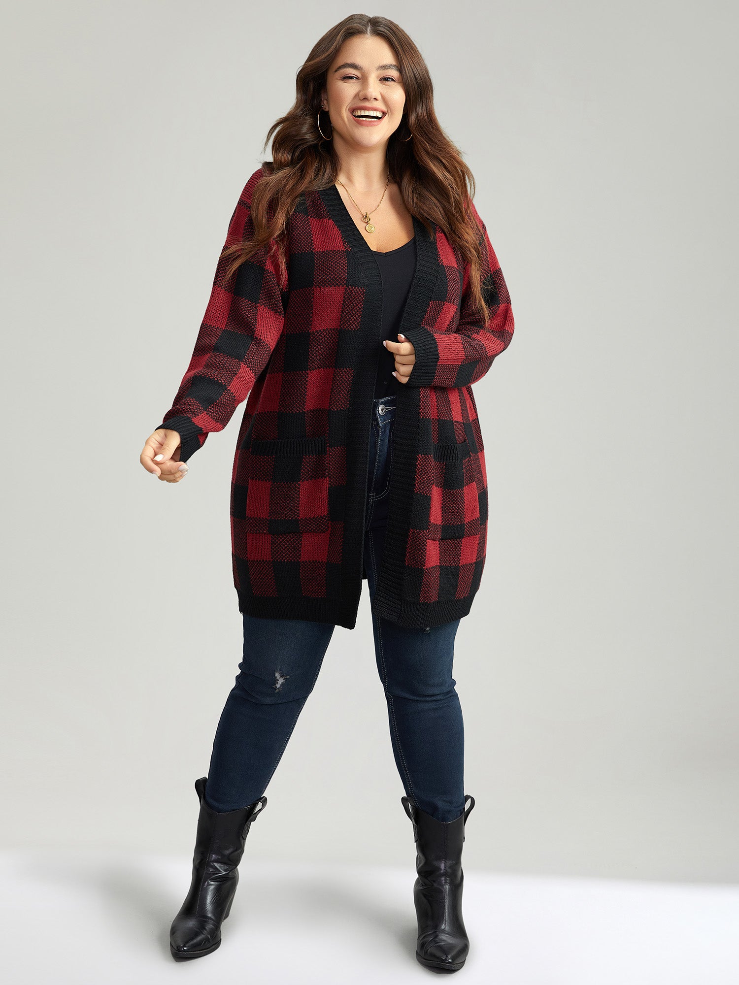 Plaid Patched Pocket Loose Cardigan