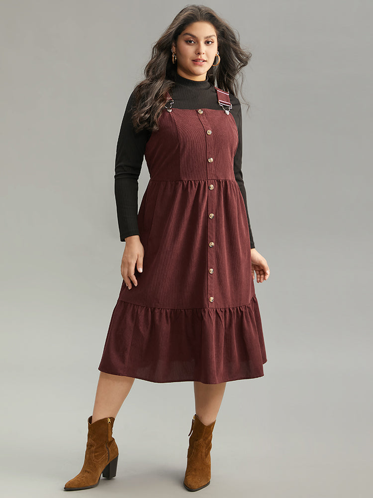Corduroy Button Detail Ruffles Adjustable Straps Dress