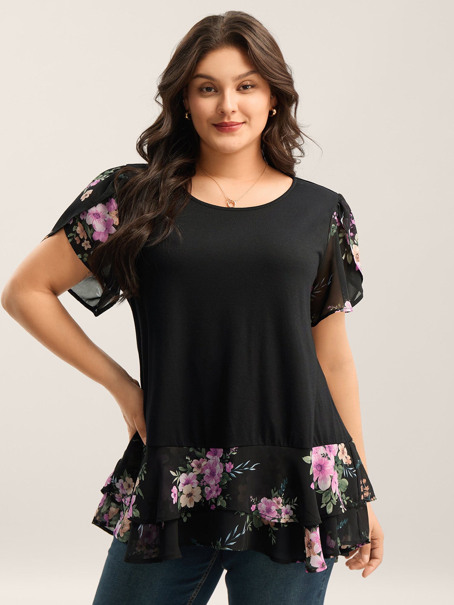 Floral Print Petal Sleeve Tiered Top