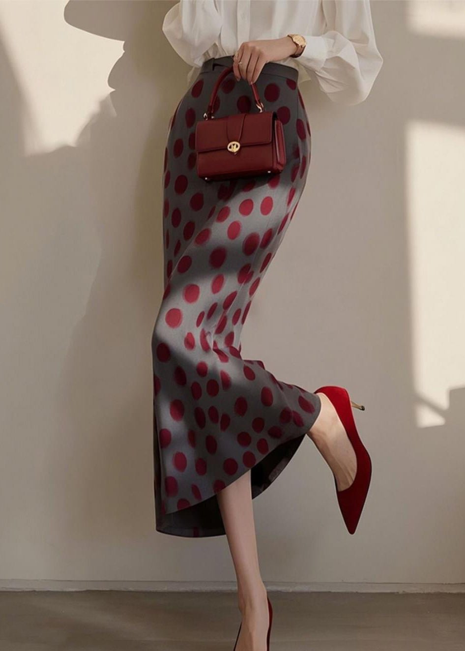 Vintage Dark Grey Dot Print High Waist Cotton Skirts Spring