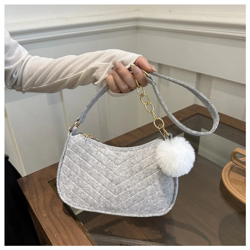Women's Felt Solid Color Basic Fluff Ball Sewing Thread Dumpling Shape Zipper Shoulder Bag