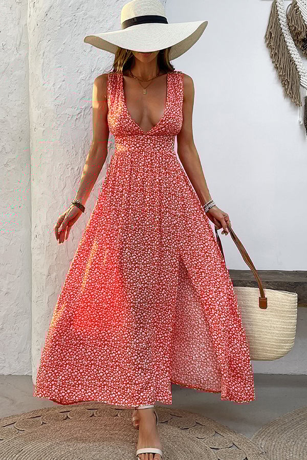 Fashion V Neck Floral Print Maxi Dress