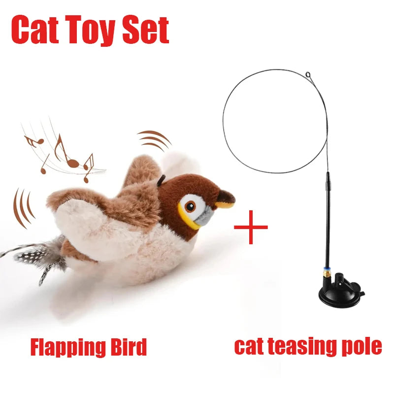 Interactive Chirping Bird Cat Toy – USB Rechargeable. Touch-Activated. Flapping Wings & Cat Teaser Attachment