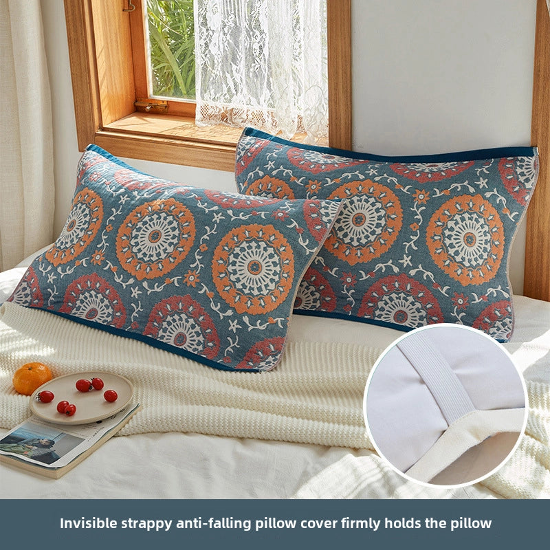 Four-layer Cotton Gauze Pillow Towel Elastic Band Fixed Anti-shedding Adult Pillow Turban Season Couple Cover Towel
