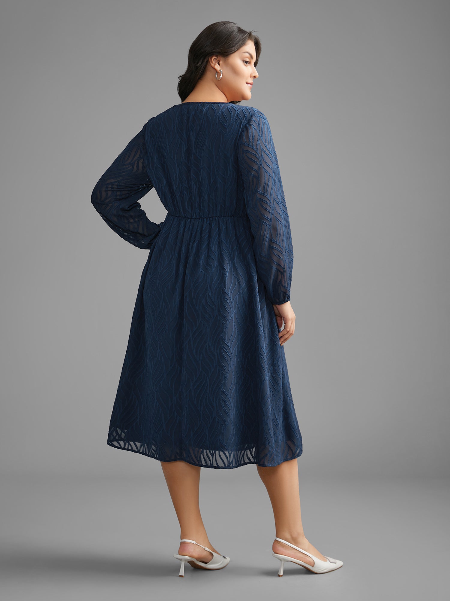 Textured Chiffon Lantern Sleeve Midi Dress