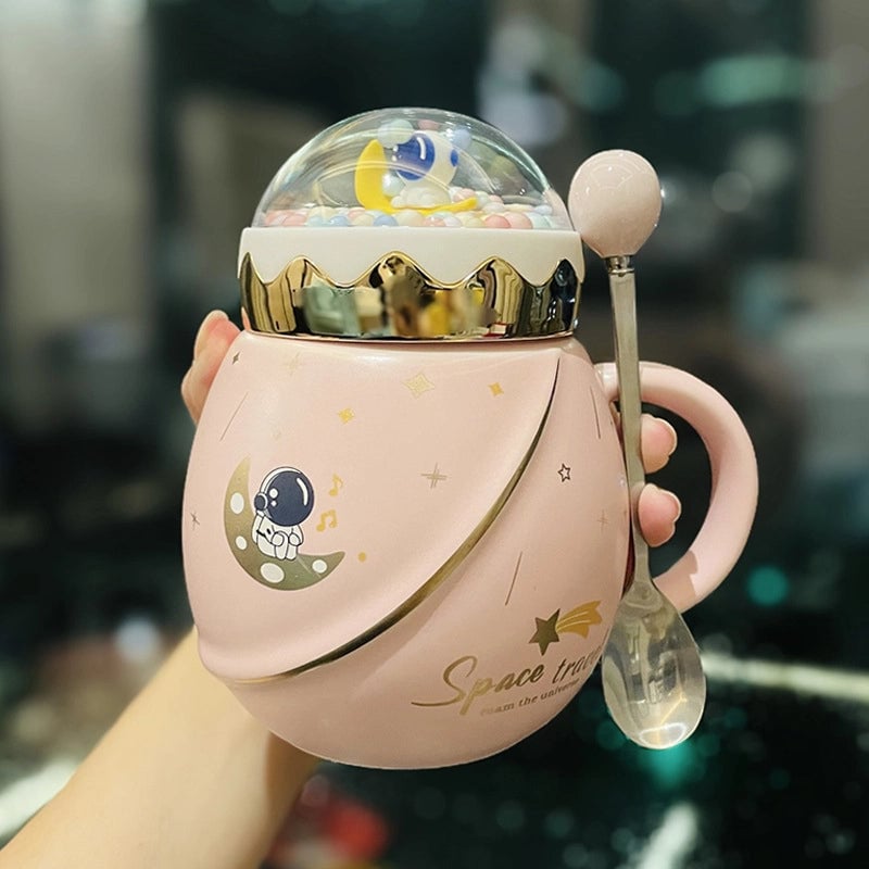 2 Pieces Astronaut Series Space Mug With Lid And Spoon Ceramic Couple Water Cup Girl Gift Set Boyfriend Gift