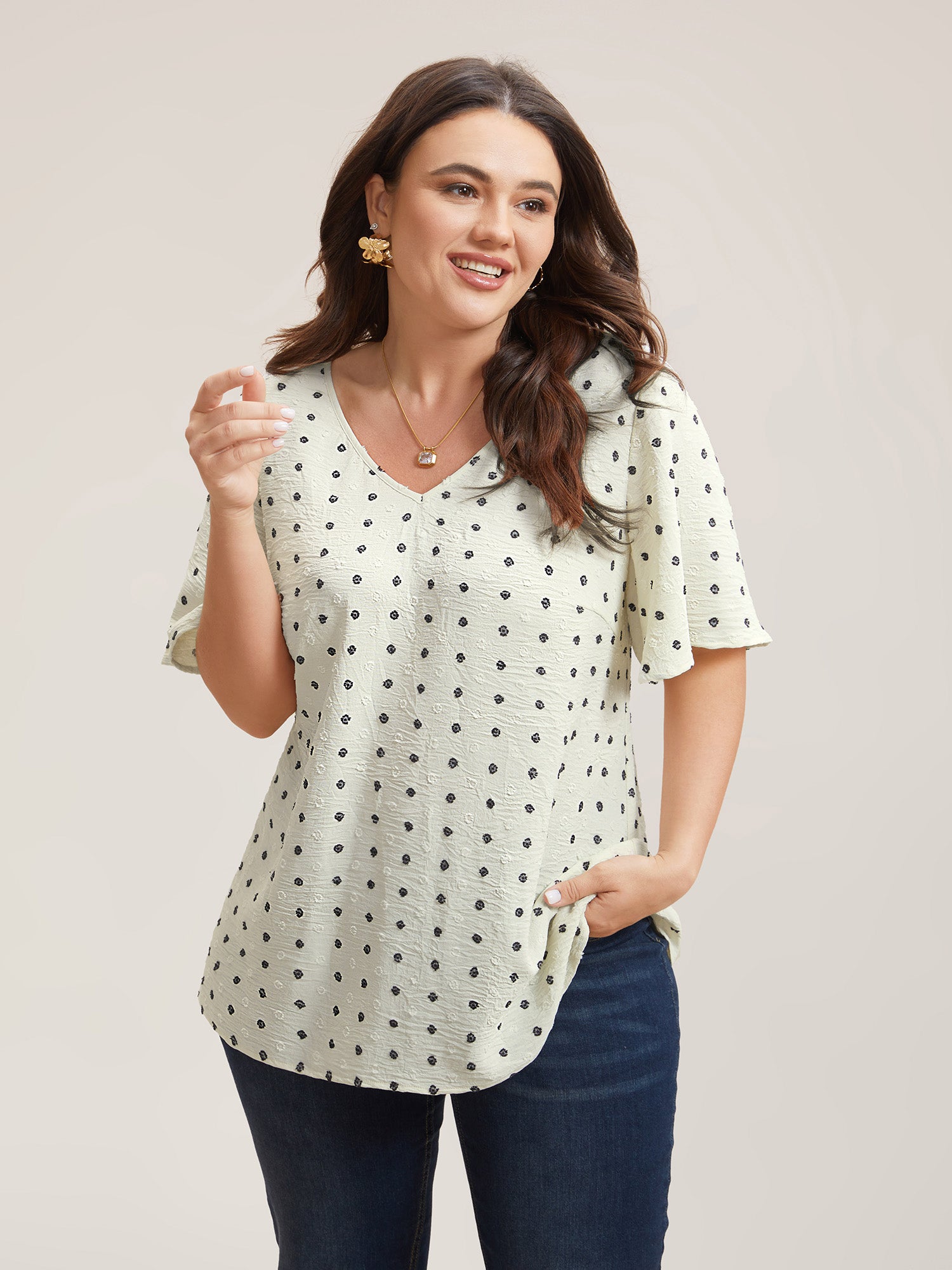 Textured Polka Dot Print Flared Sleeve Shirt