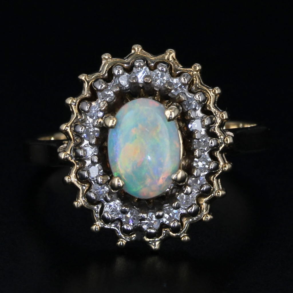 Oval Opal Cabochon Diamond Halo Ring 14k Yellow Gold Size 6.5