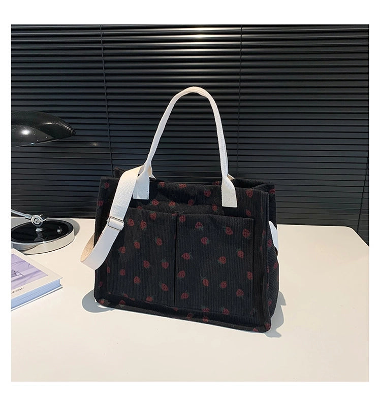 Women's Large Corduroy Solid Color Strawberry Basic Classic Style Square Zipper Tote Bag