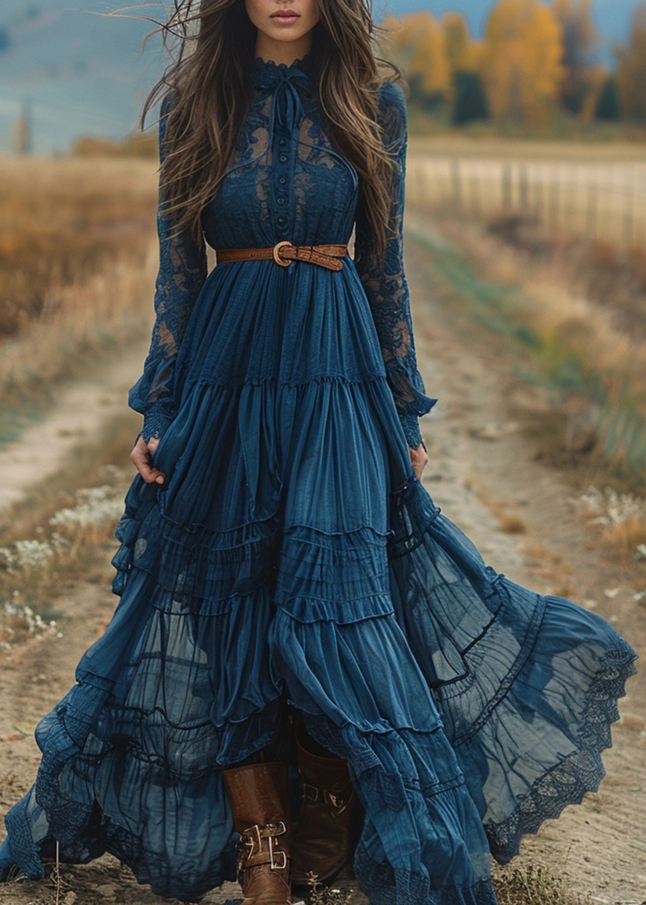 Women Blue Lace Ruffled Patchwork Cotton Robe Dresses Spring