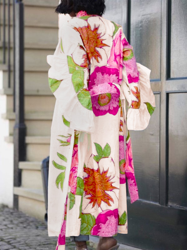 Flared Sleeves Long Sleeves Elasticity Flower Print Split-Joint Tied Waist Collarless Outerwear