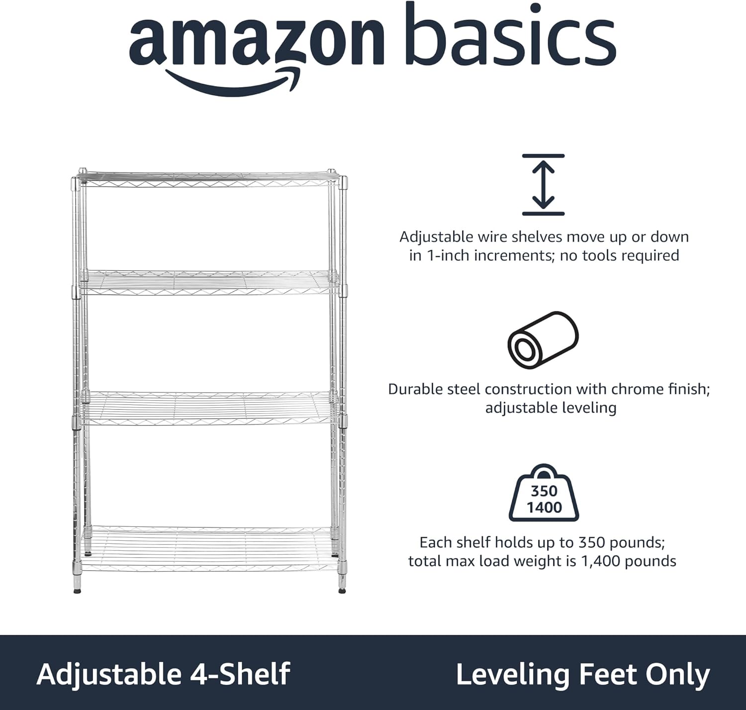 Amazon Basics 5-Shelf Adjustable Heavy Duty Steel Wire Rack Storage Shelving Organizer for Kitchen, Garage, 36