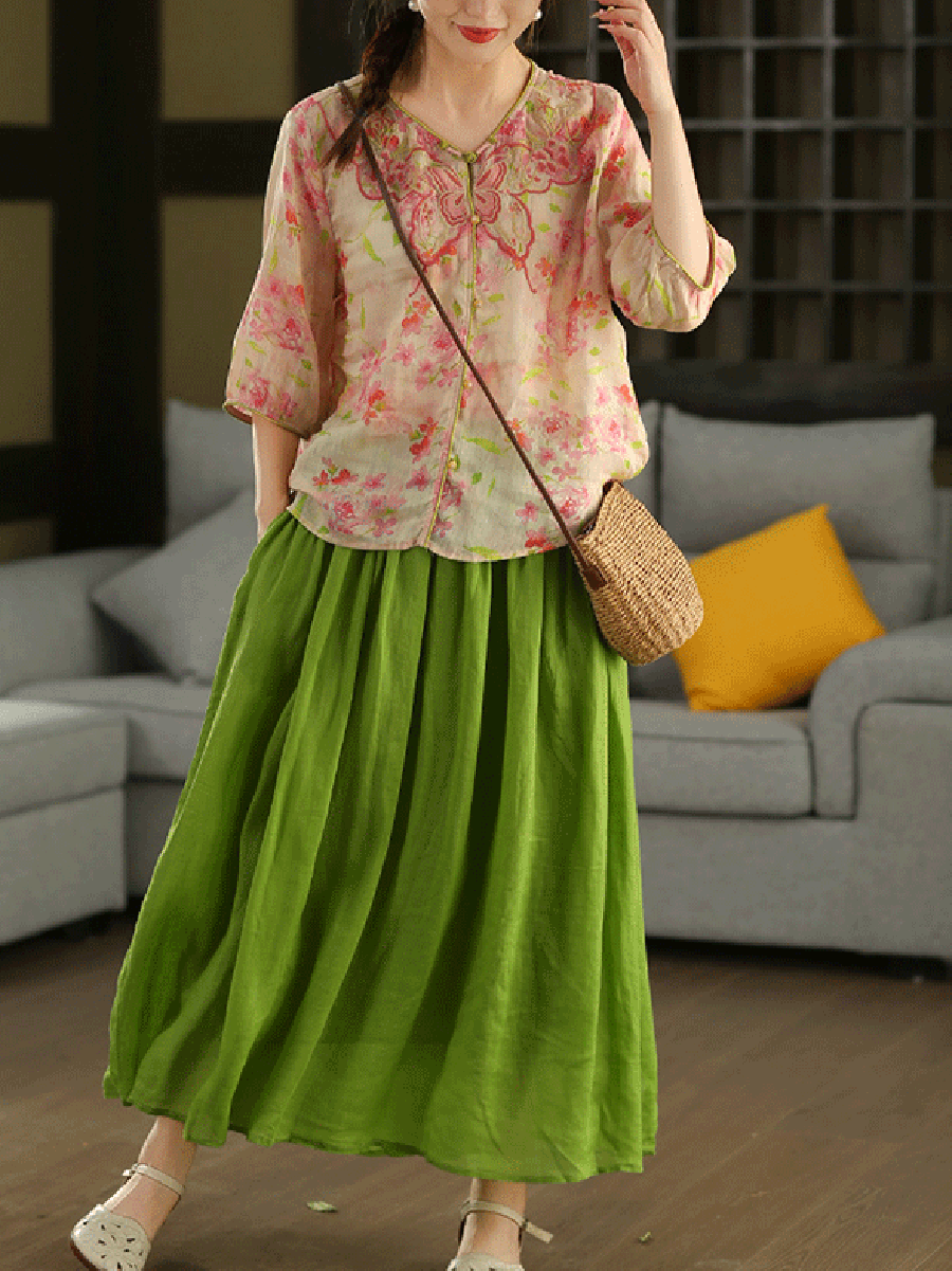 Women Summer Pure Color Spliced 100%Ramie Skirt