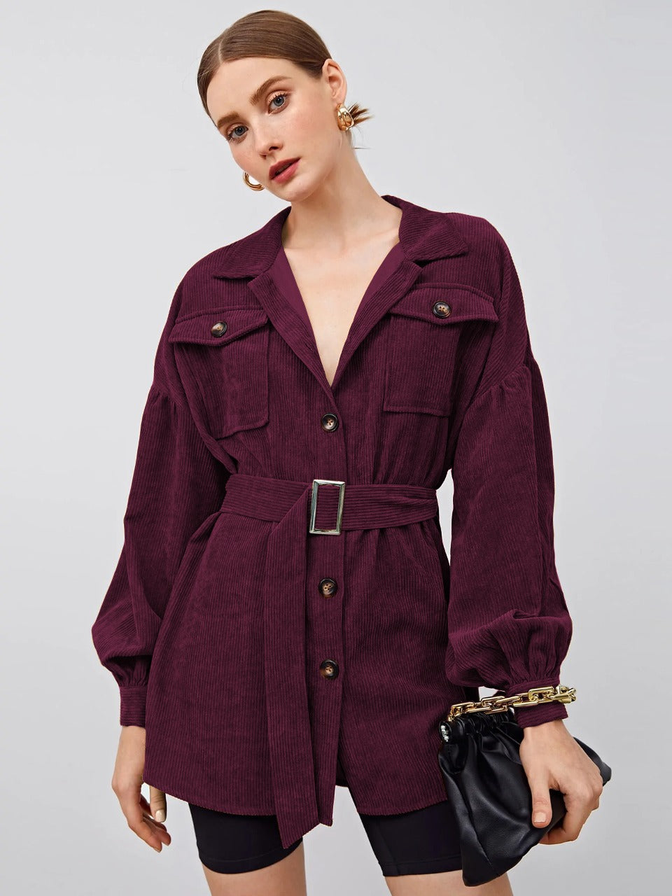 Collared Flap Pocket Front Buckle Belted Cord Coat without belt( CLEARANCE SALE