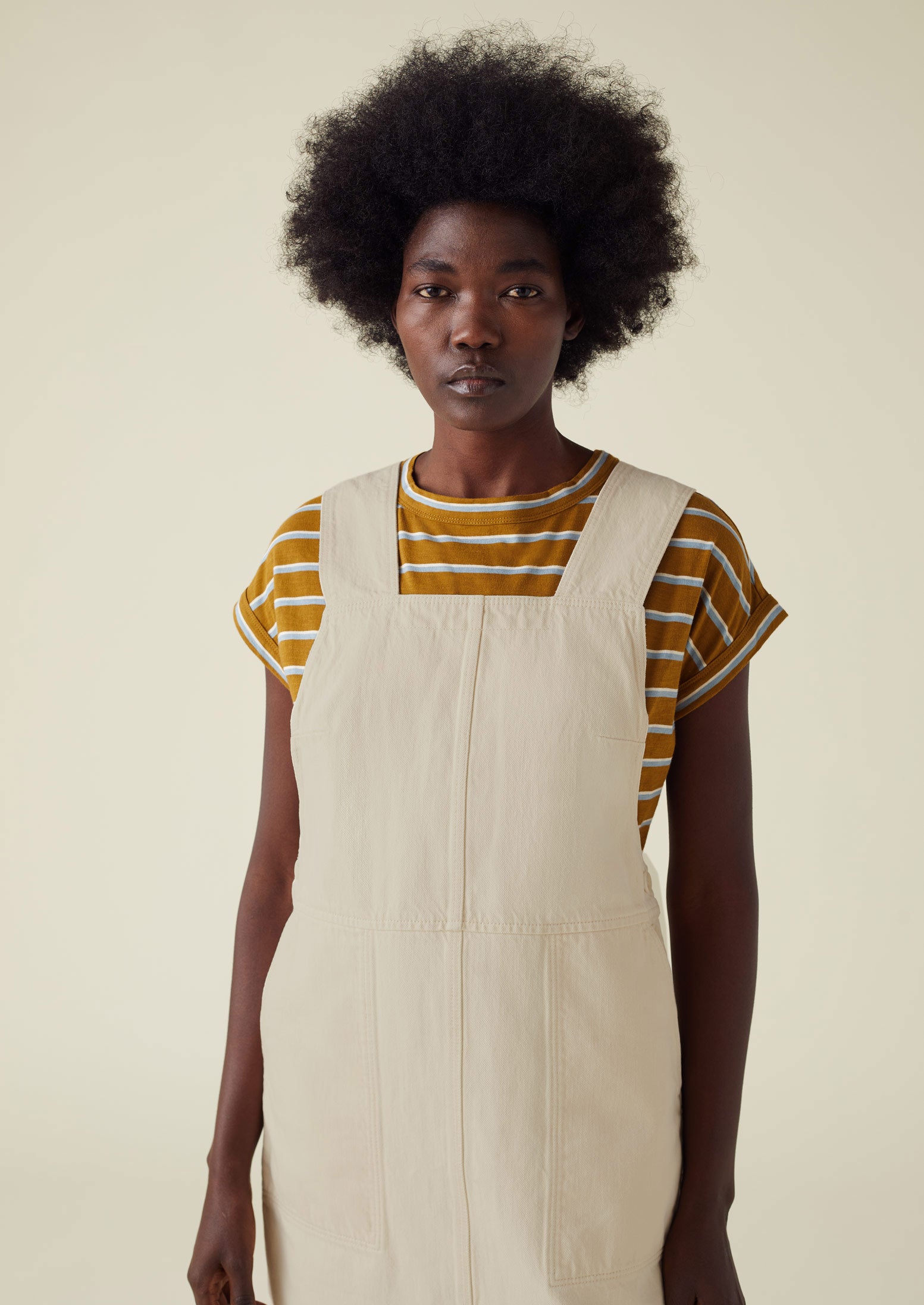 Side Button Organic Denim Pinafore Dress | Pastel Parchment