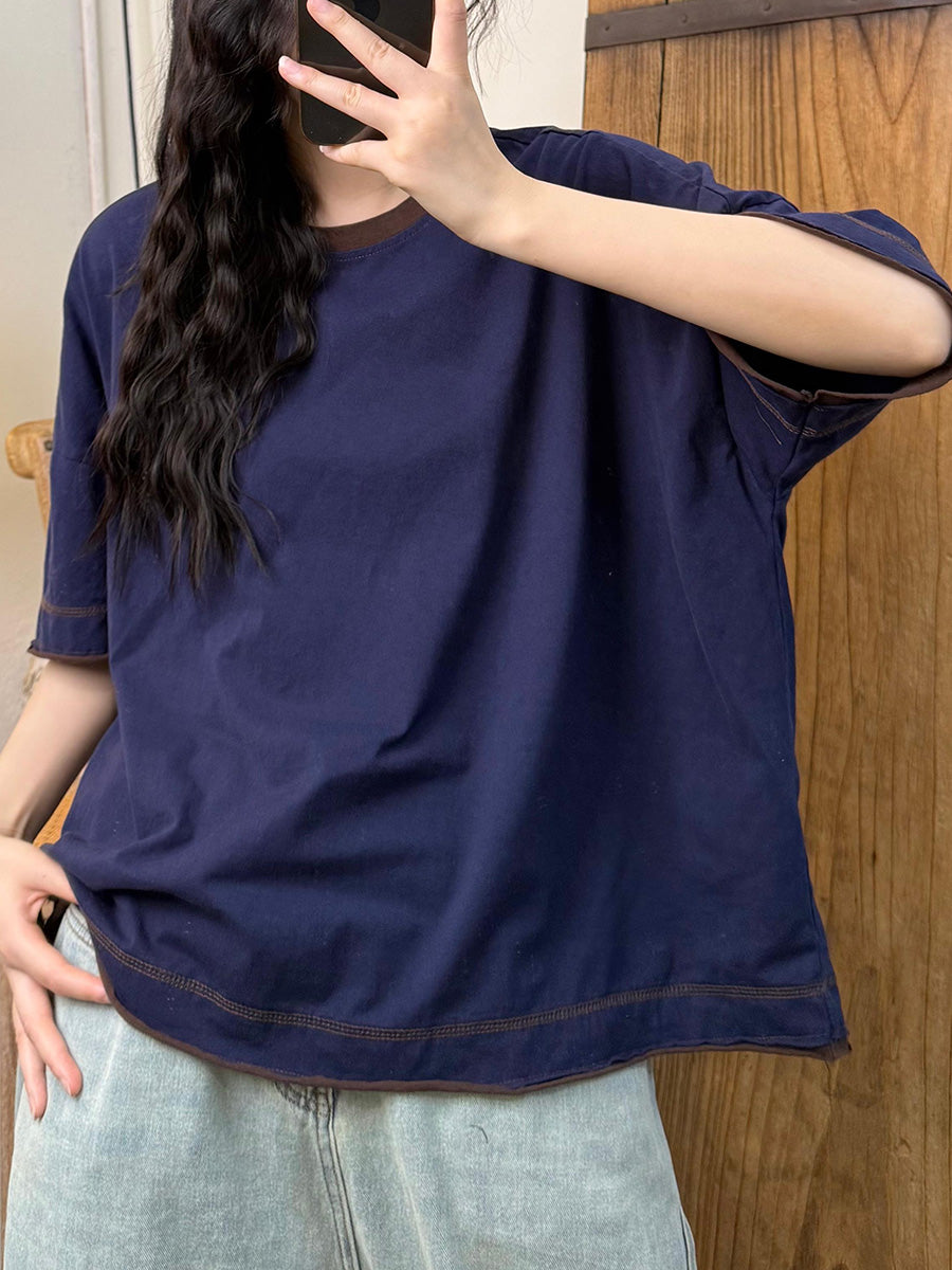 Women Summer Casual Colorblock O-Neck Cotton Shirt