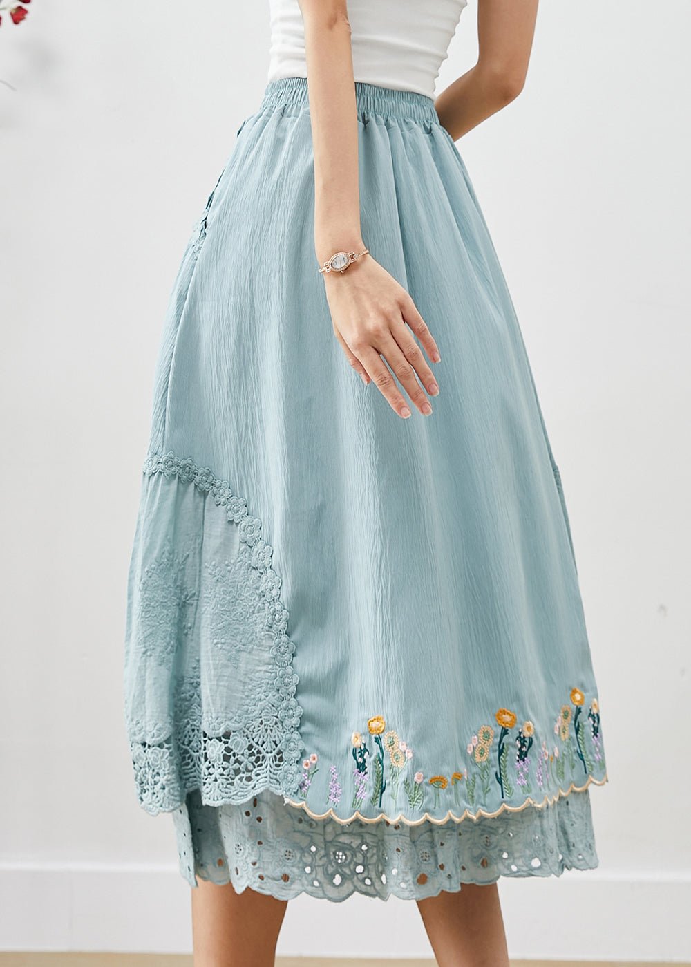 Natural Sky Blue Embroideried Patchwork Cotton Skirt Spring