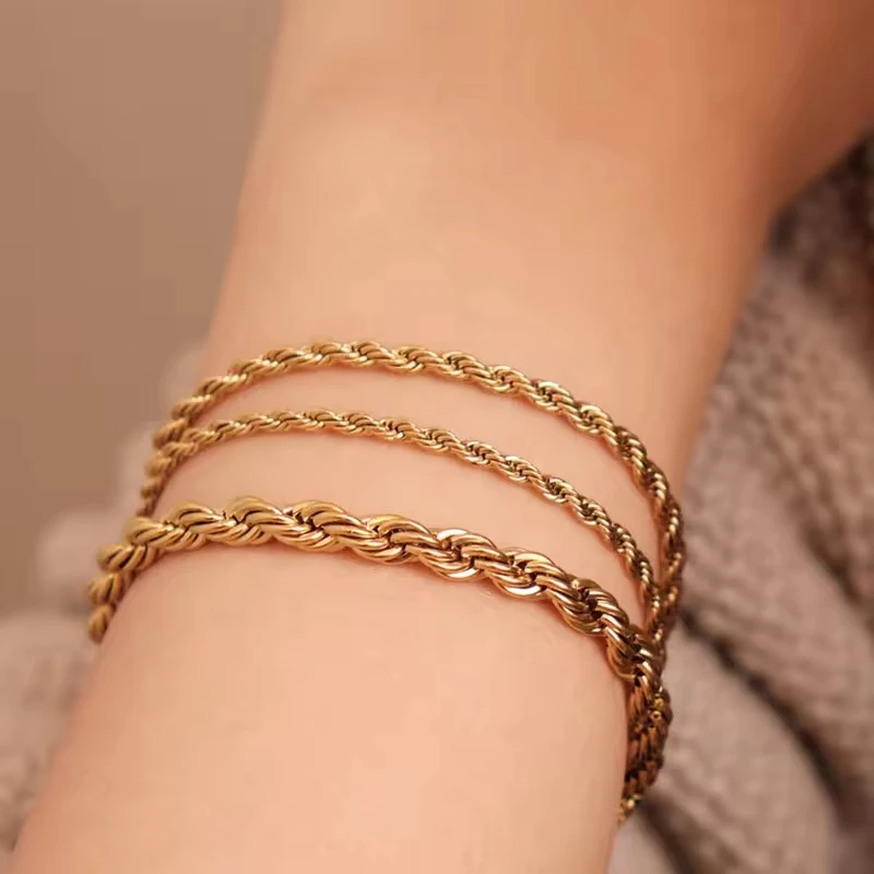 Hot Sale Trendy Jewelry 18k Gold Plated Twisted Rope Chain Bracelet for Women men Layered Stainless Steel Bracelets Accessories