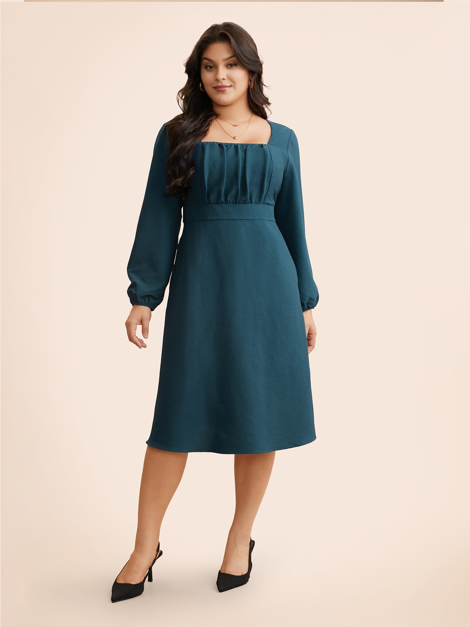 Square Neck Textured Gathered Dress