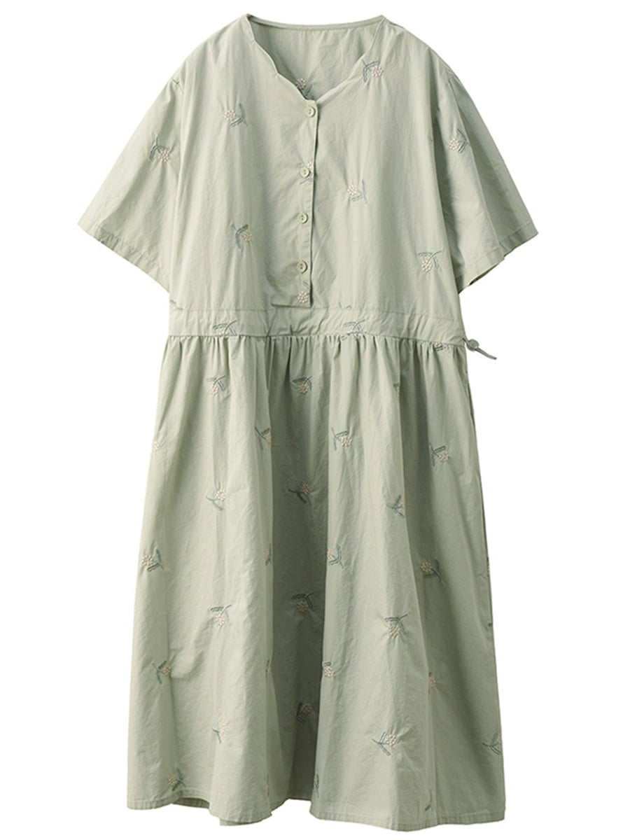 Women Summer Artsy Flower Embroidery V-Neck Cotton Dress