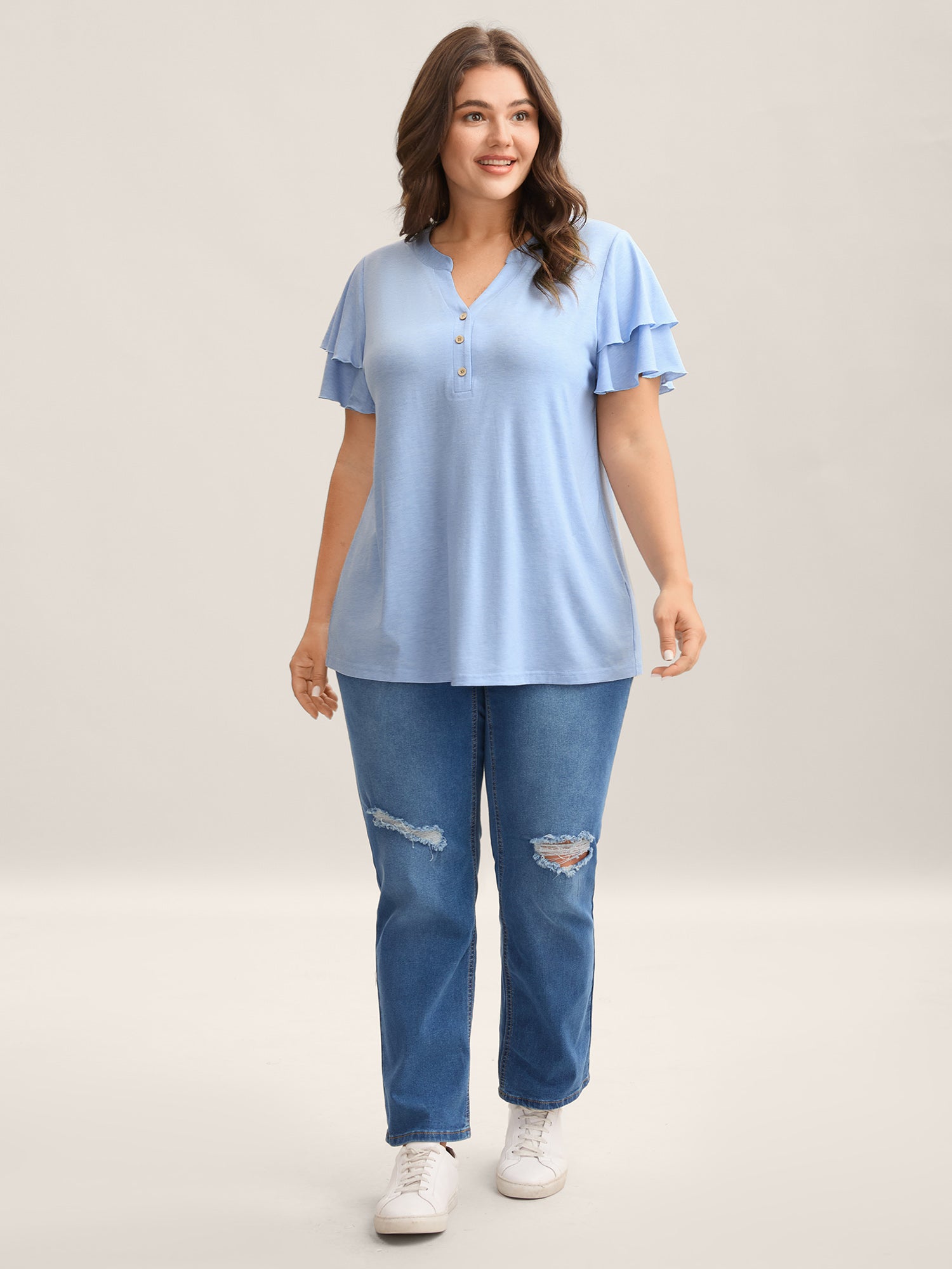 Layered Lotus Leaf Sleeve Plain T-Shirt