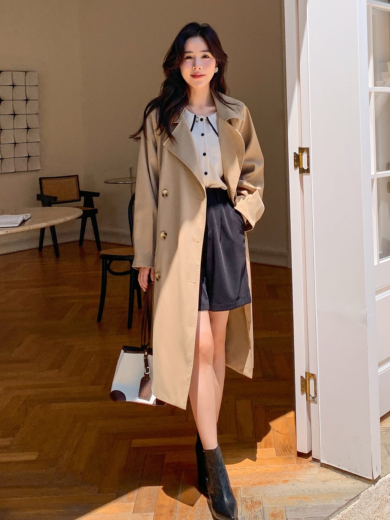 Double Breasted Raglan Sleeve Belted Trench Coat