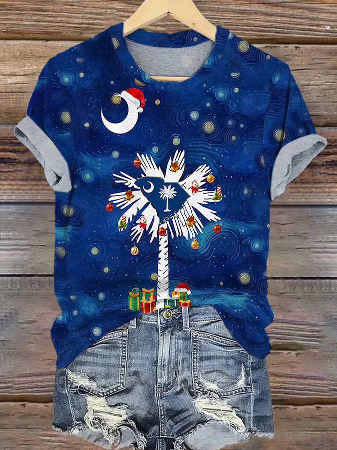 Retro Christmas Starry Night South Carolina Palm Tree Print T-Shirt