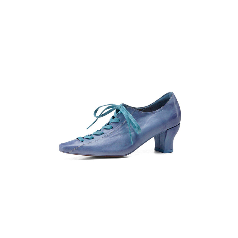 Elegant 60mm Kitten Heel Pointed Toe Handmade Leather Lace-Up Pumps in Yellow/Blue/Black