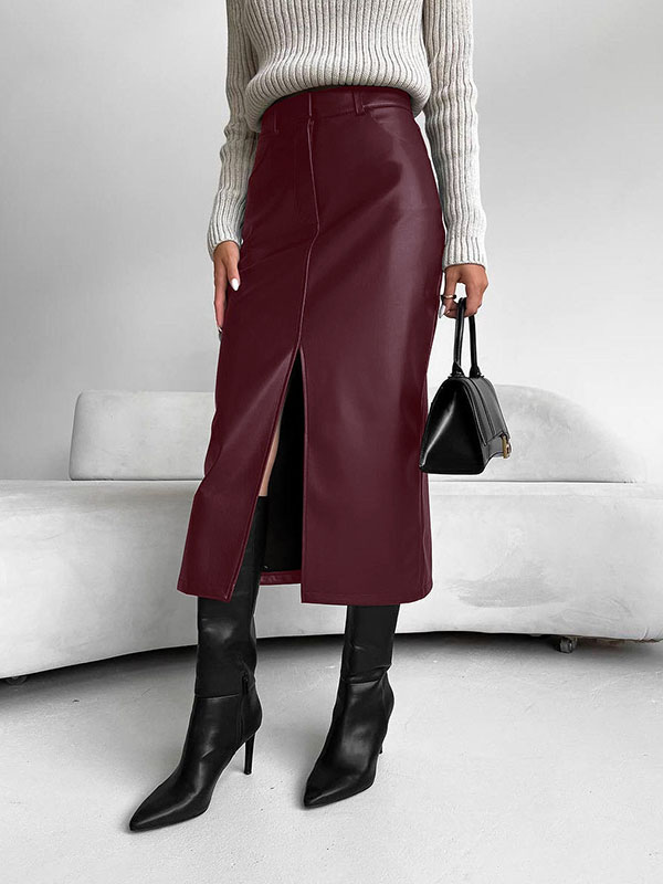 Skinny Wrap Pockets Solid Color Split-Front Zipper Skirts Bottoms