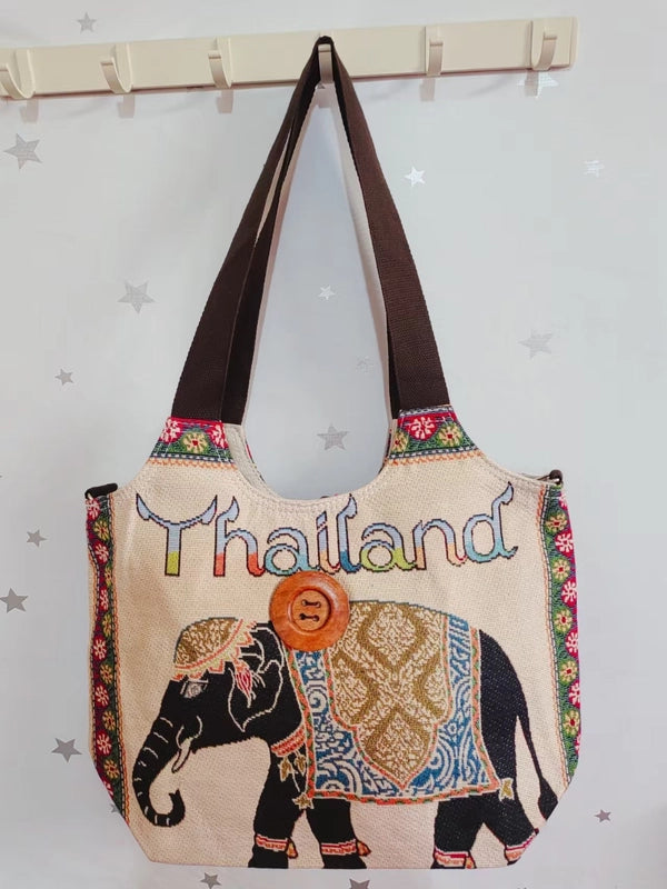 Women's Large Canvas Elephant Ethnic Style Square Zipper Shoulder Bag