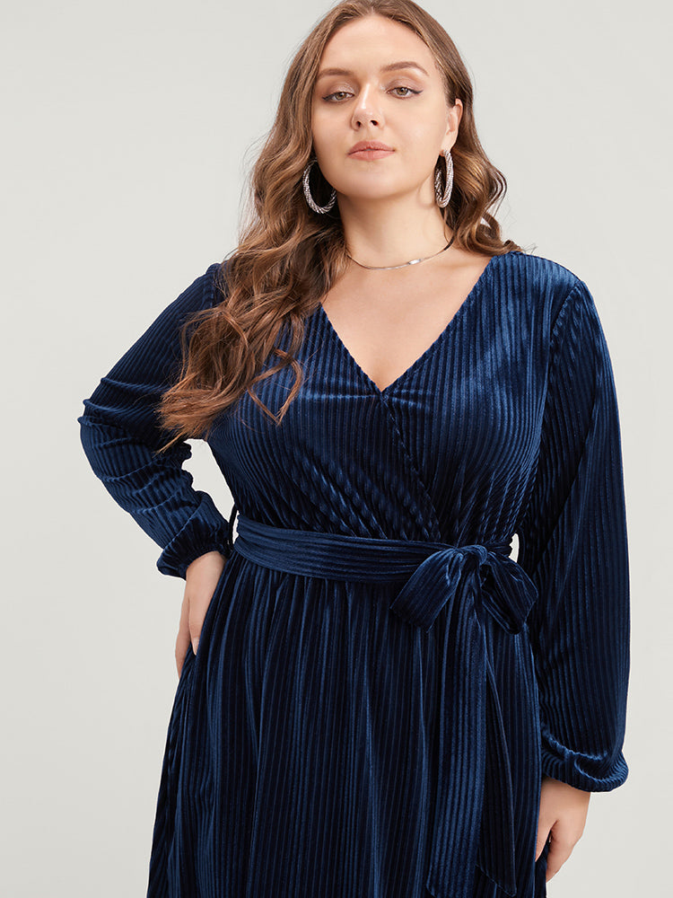 Striped Velvet Pocket Lantern Sleeve Belted Wrap Dress