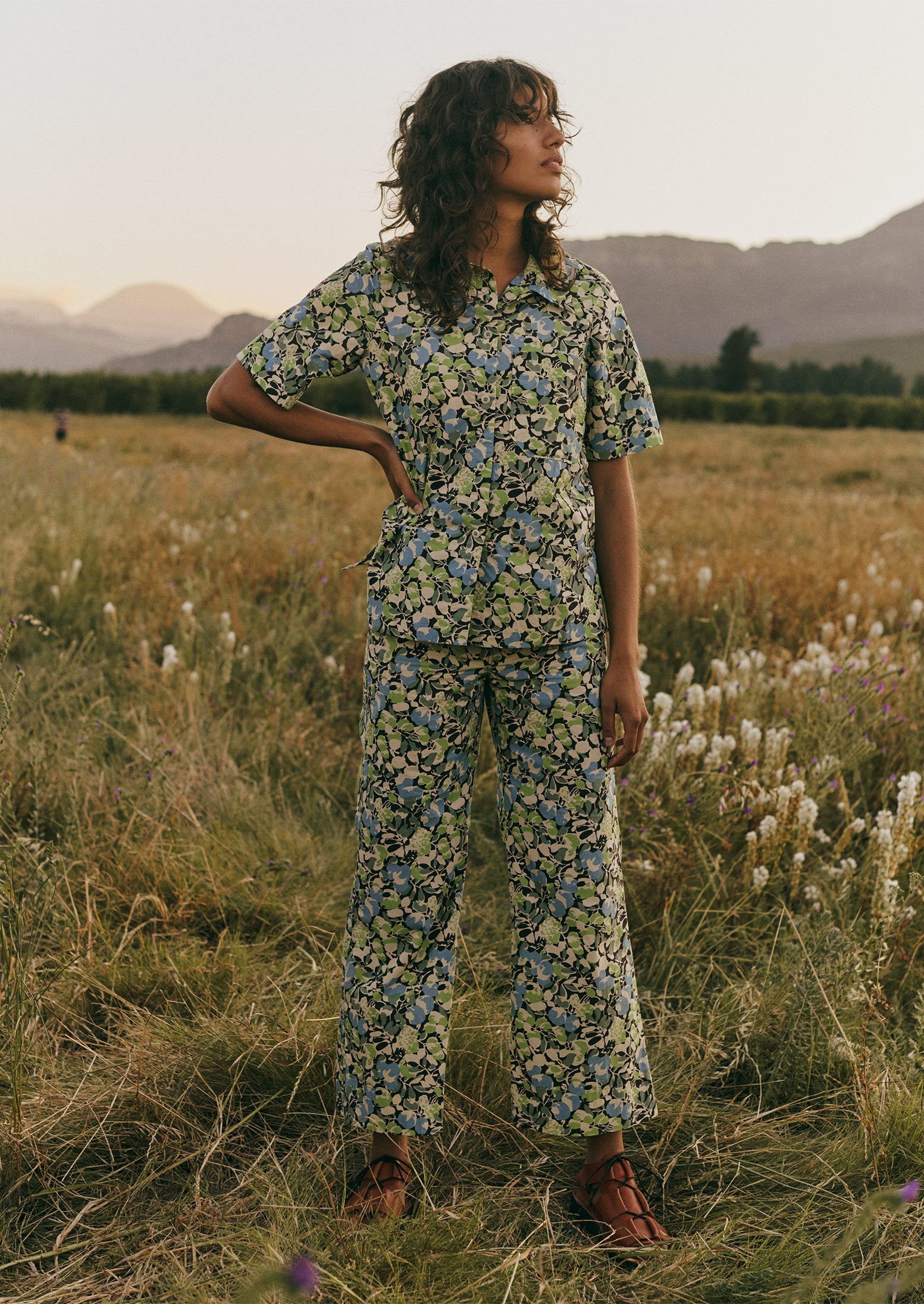 Hedgerow Print Kick Flare Trousers | Acid Green