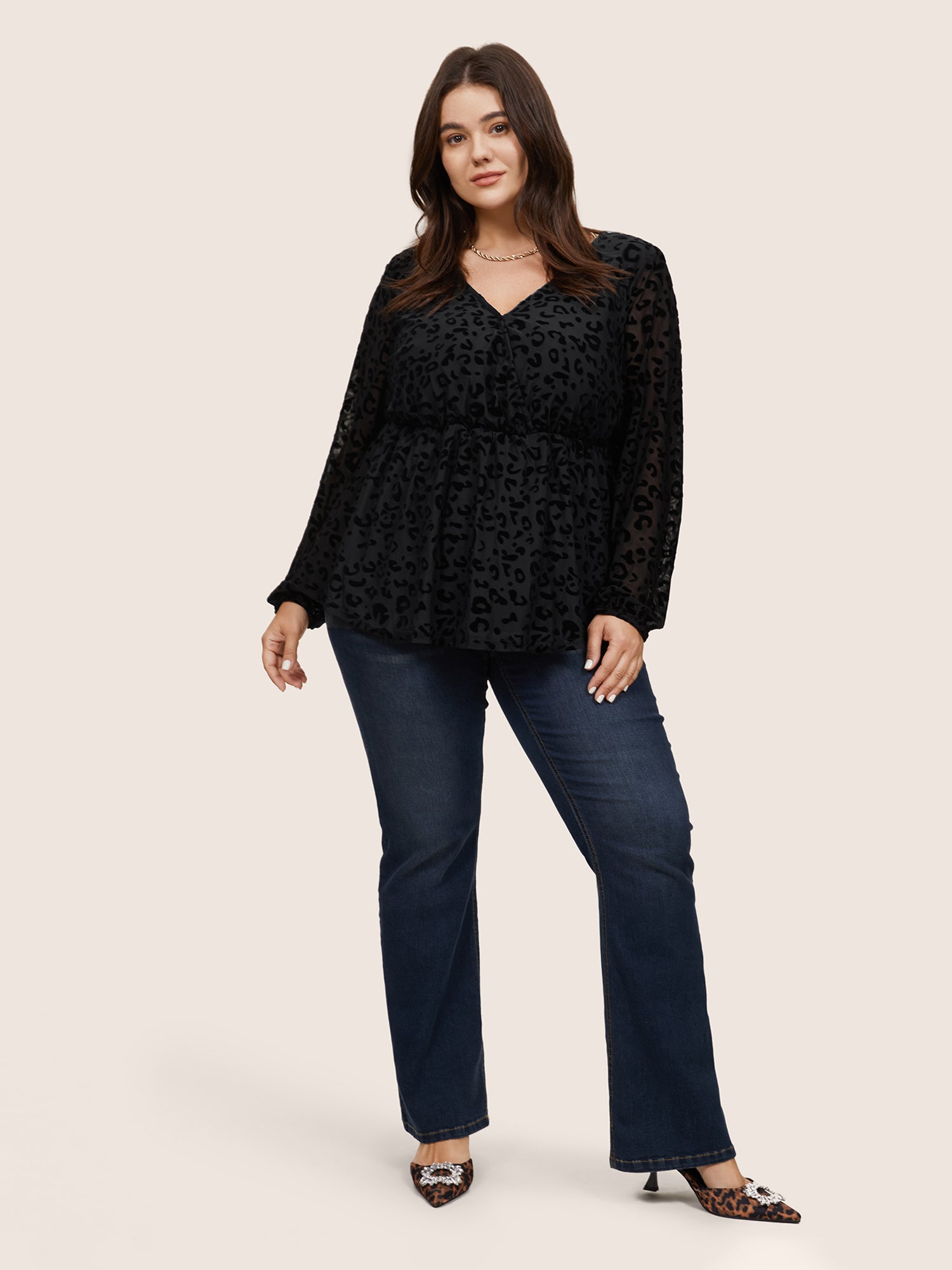Leopard Flocking Mesh Patchwork Wrap Blouse