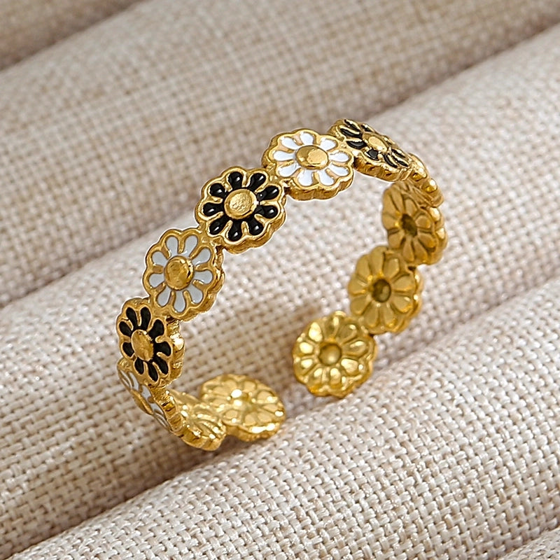 Rock Oversized Leaves Eye Flower 304 Stainless Steel Gem 18K Gold Plated Inlay Open Rings