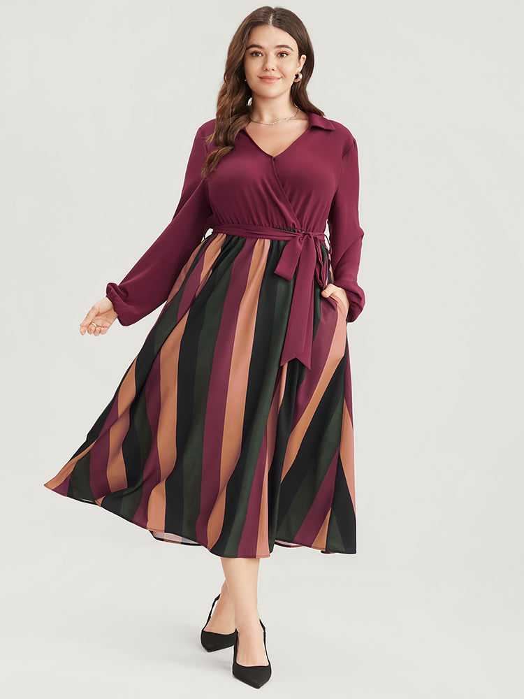 Solid Patchwork Wrap Pocket Lantern Sleeve Belted Striped Dress
