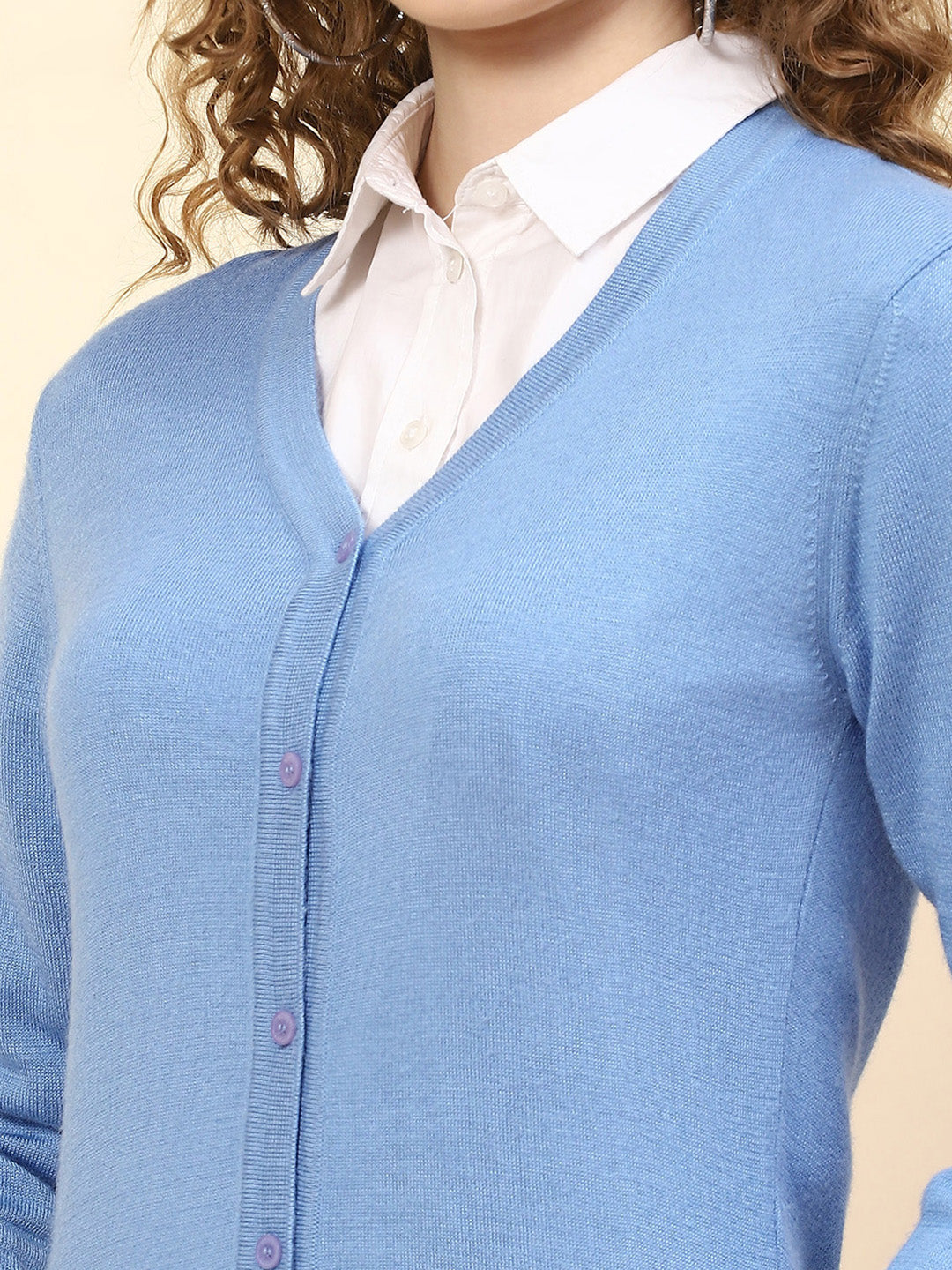 Women Sky Blue Solid V Neck Full Sleeve Cardigan