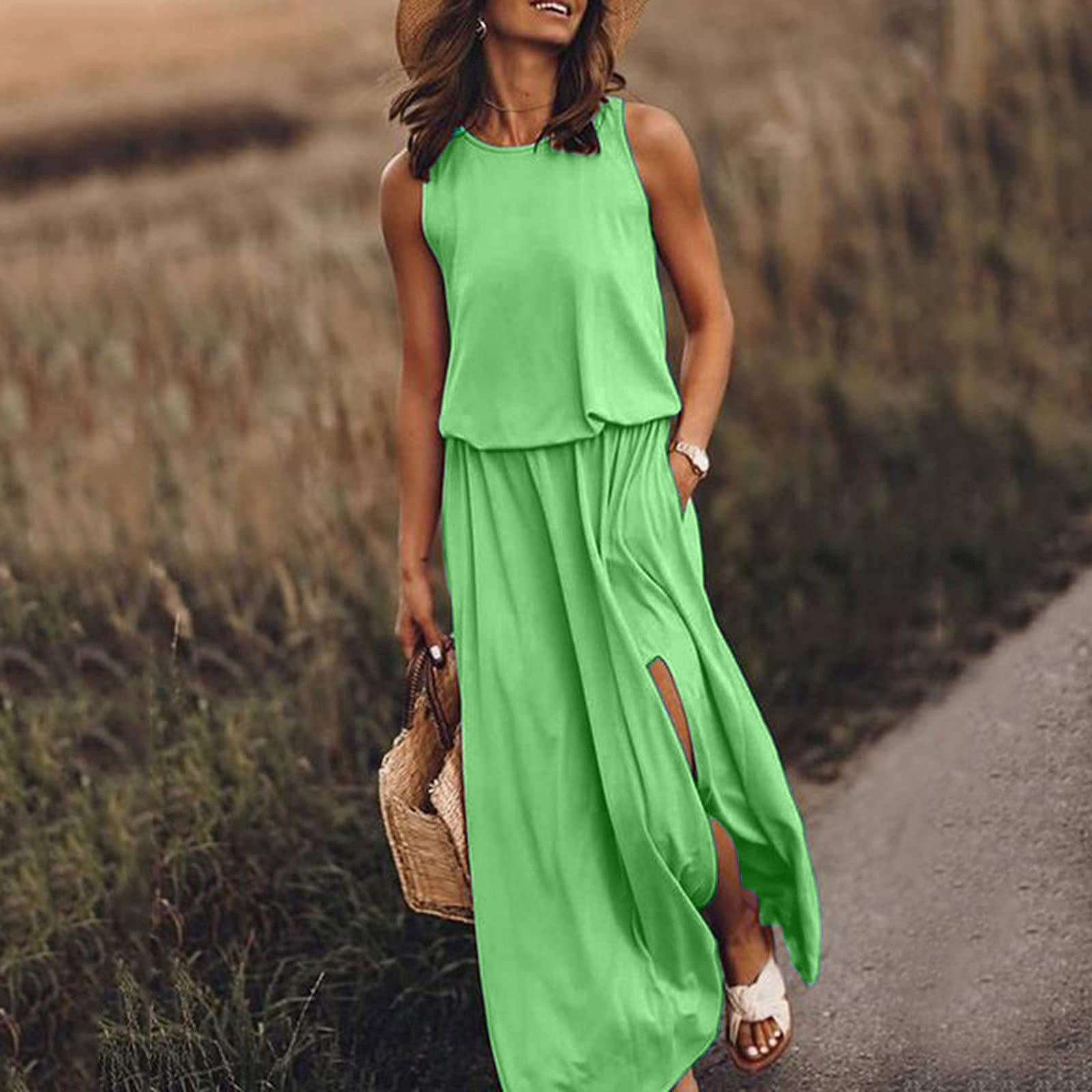 🔥Summer Hot Sales - 49% OFF👗Women Sleeveless Solid Round Neck Summer Maxi Dress